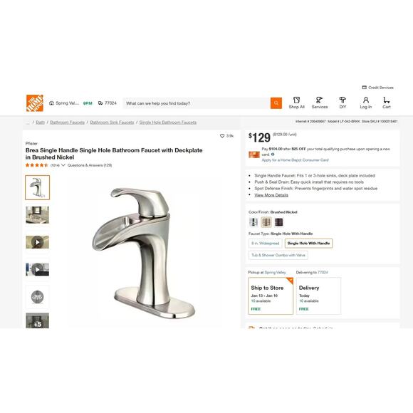 PFISTER BREA SINGLE HANDLE 1 HOLE BATHROOM FAUCET BRUSHED NICKEL W DECKPLATE - Picture 4 of 8